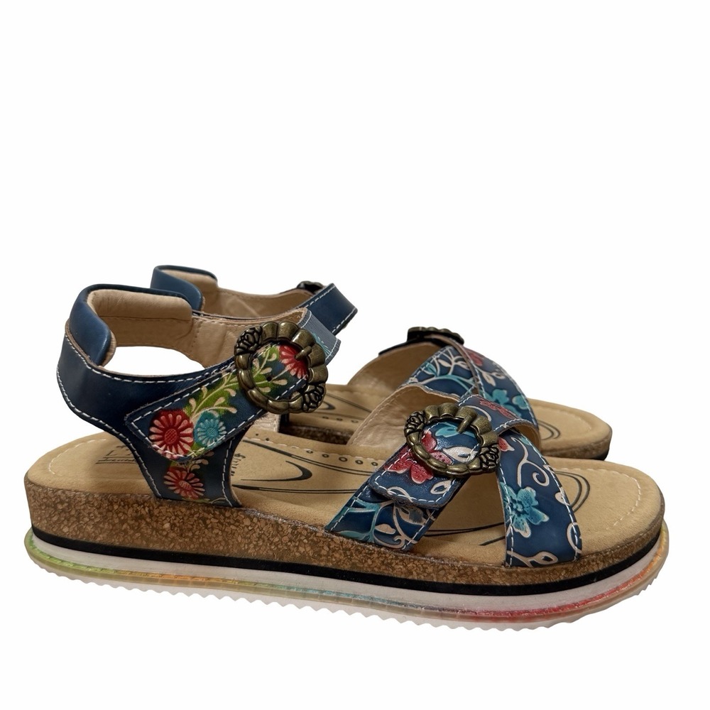 L'Artiste x Jane & Coco Leather Gabriola Platform Sandals Size 9 Navy Multi NIB
